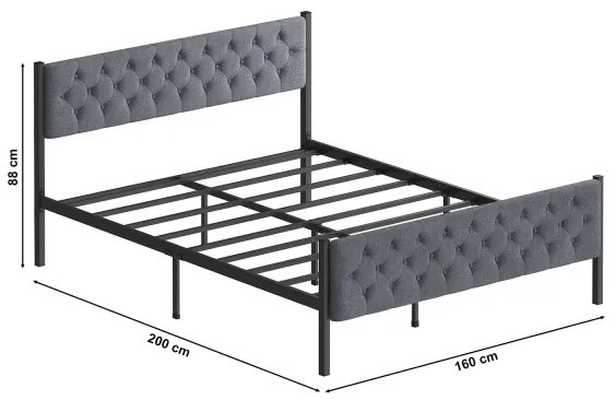 KAROM fém franciaágy 160x200 cm, szürke, teherbírás 200 kg
