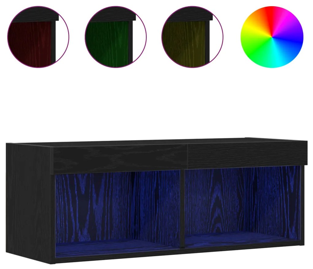 TV Fali Szekrények LED Fénnyel 2 db Fekete Tölgy 80x30x30 cm