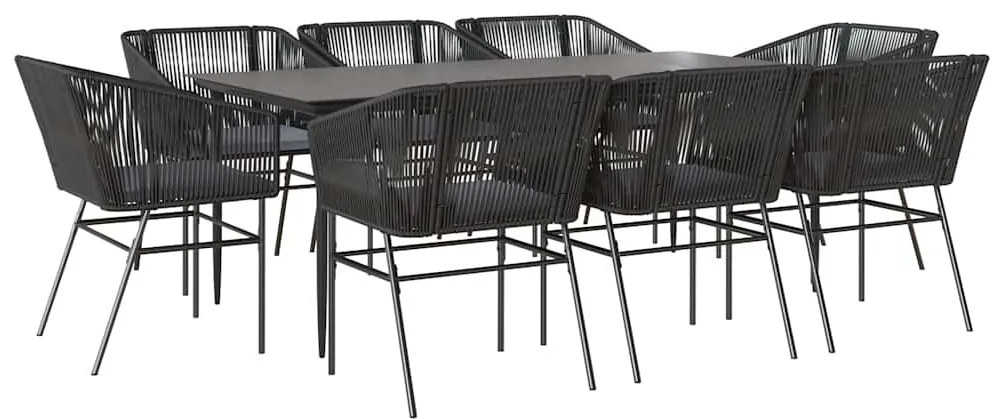 9 részes fekete polyrattan üveg kerti étkezőgarnitúra párnákkal