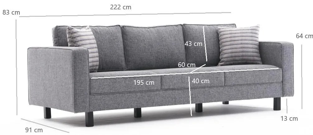 3 személyes kanapé Kale Linen - Szürke