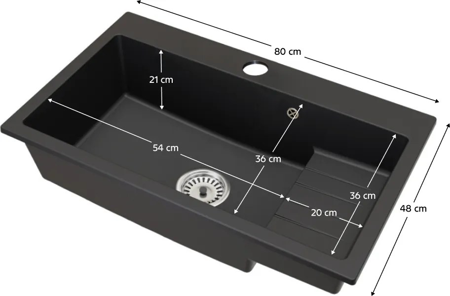 Gránit mosogató szifonnal és csepegtető felülettel, fekete, 80x48, RONA