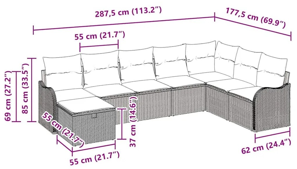 Kerti Kanapé Szett párnával 8 pcs Szürke 287,5 x 177,5 x 85 cm