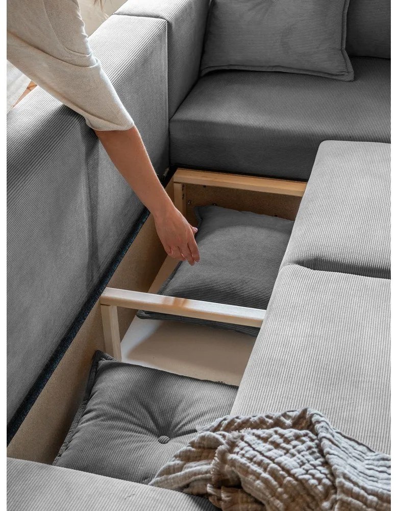 Szürke kordbársony kinyitható sarokkanapé (jobb oldali) Lazy Lukka – Miuform