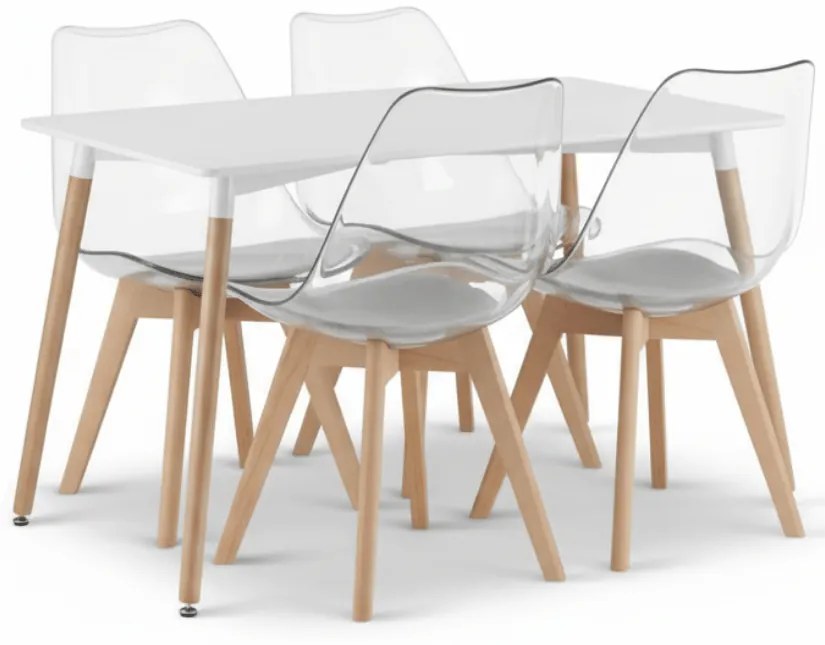 Étkező szett 1 + 4, fehér ADRIA asztal 120x80 cm + átlátszó BALI MARK szék bükk lábakkal