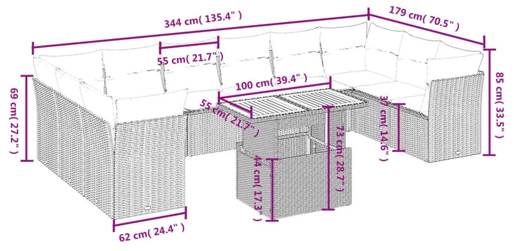 11 részes fekete polyrattan kerti ülőgarnitúra párnákkal