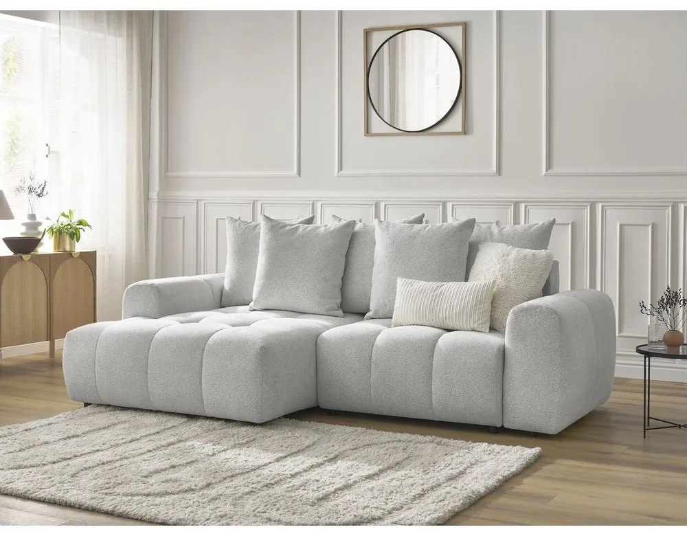 Világosszürke zsenília kinyitható-tárolóhelyes sarokkanapé (bal oldali-heverő résszel) Roxelane – Bobochic Paris
