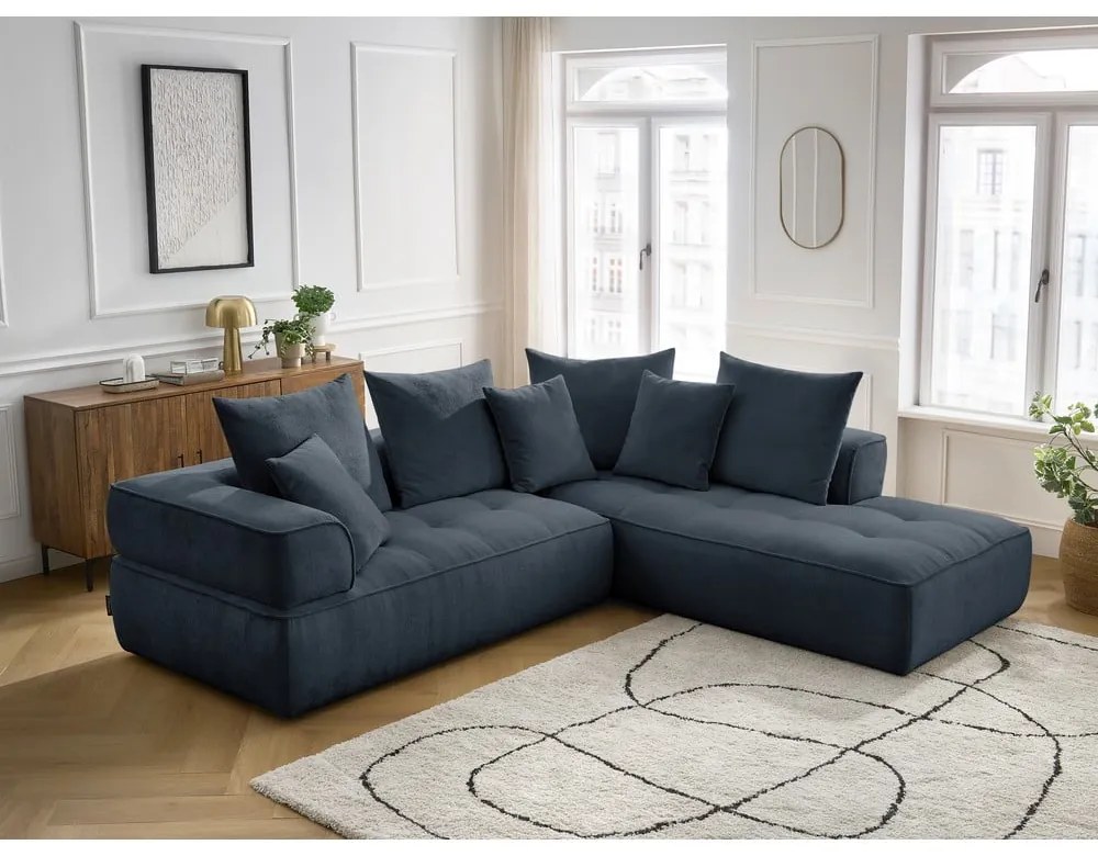 Sötétkék zsenília sarokkanapé (jobb oldali-L alakú) Whesley – Bobochic Paris