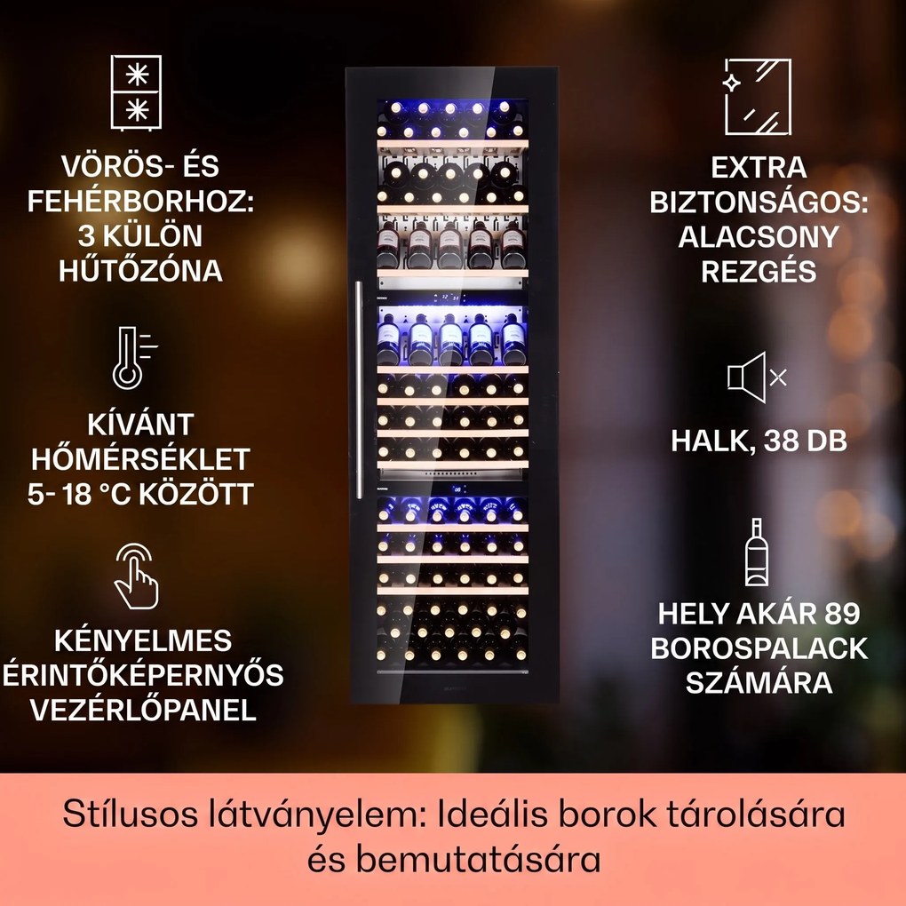 Klarstein Vinsider 89 beépíthető háromrészes borhűtő 5–18 °C érintőképernyős vezérlés fa polcokkal