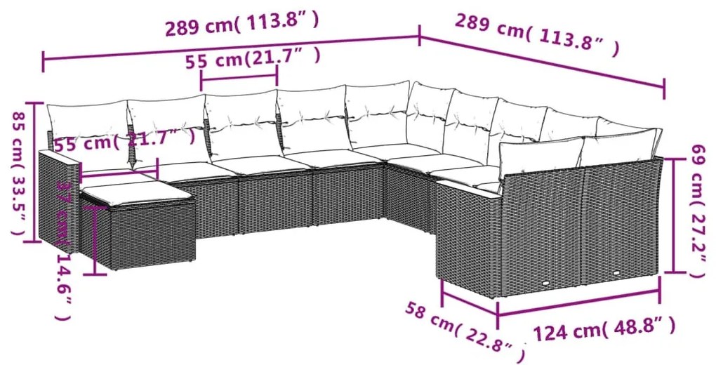 11 részes fekete polyrattan kerti ülőgarnitúra párnákkal