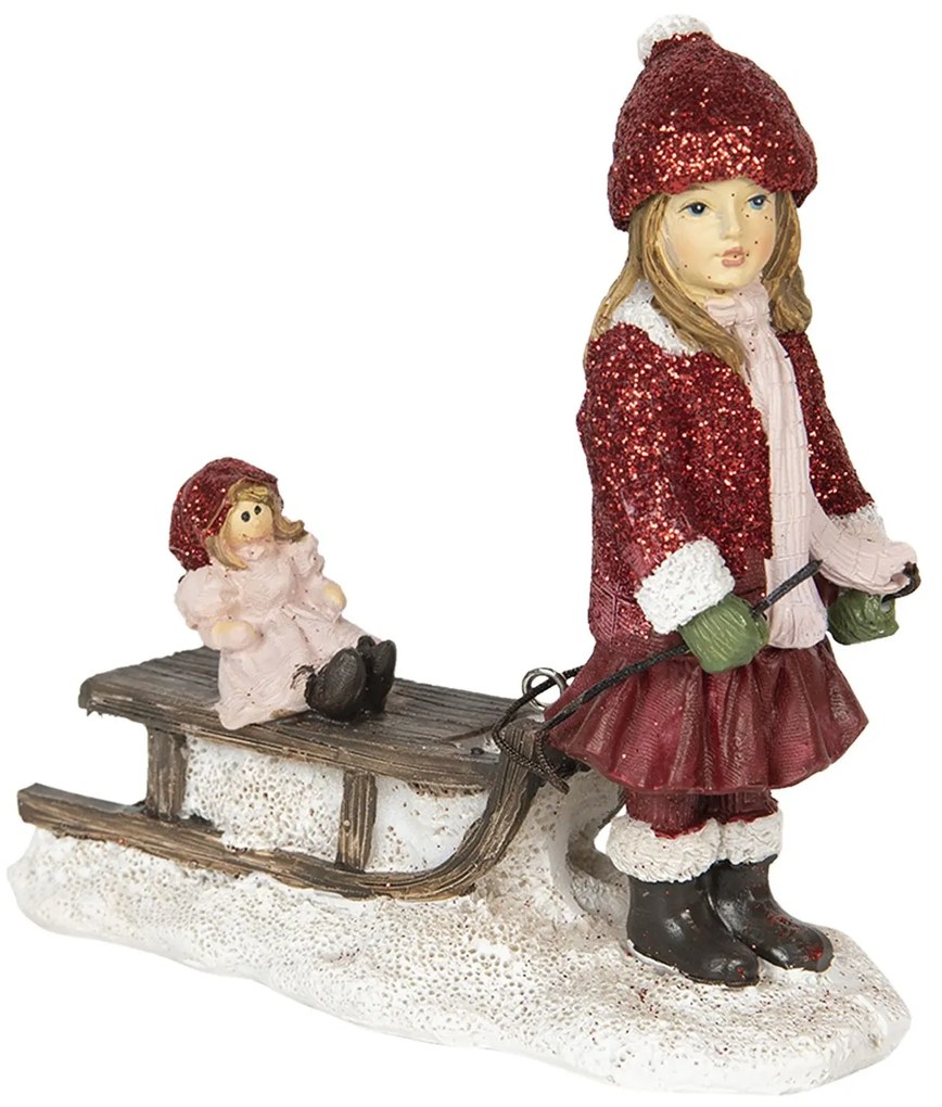 Kislány szánkóval kisbabával karácsonyi nosztalgikus dekoráció figura