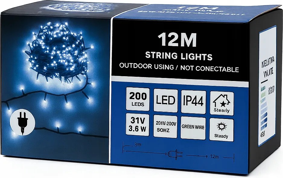 Karácsonyfa Lámpák Állandó Fény 200 Led 15m Fehér Hideg IP44 Kültéri