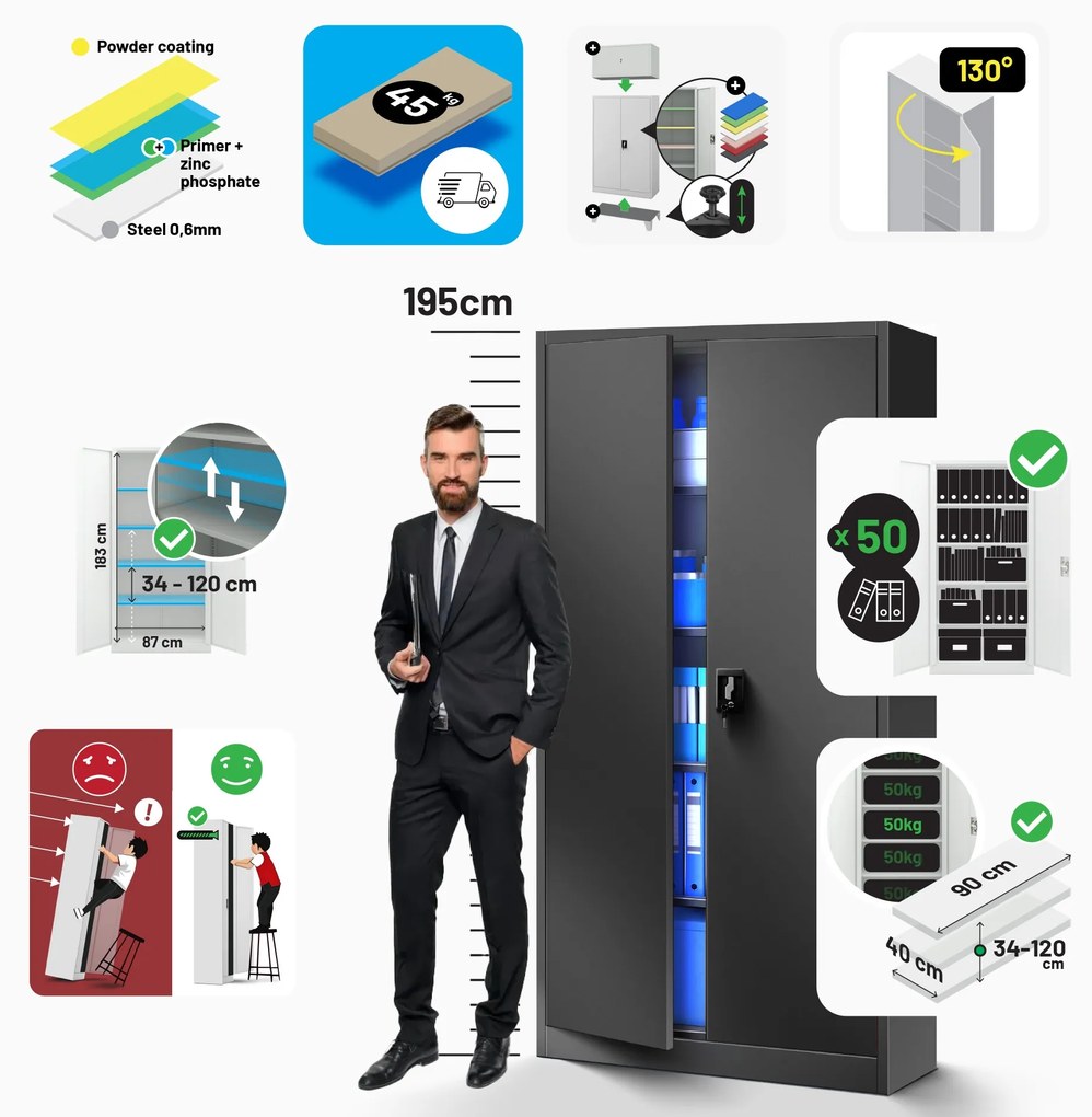 Fém iratszekrény JAN H, 900 x 1950 x 400 mm, antracit