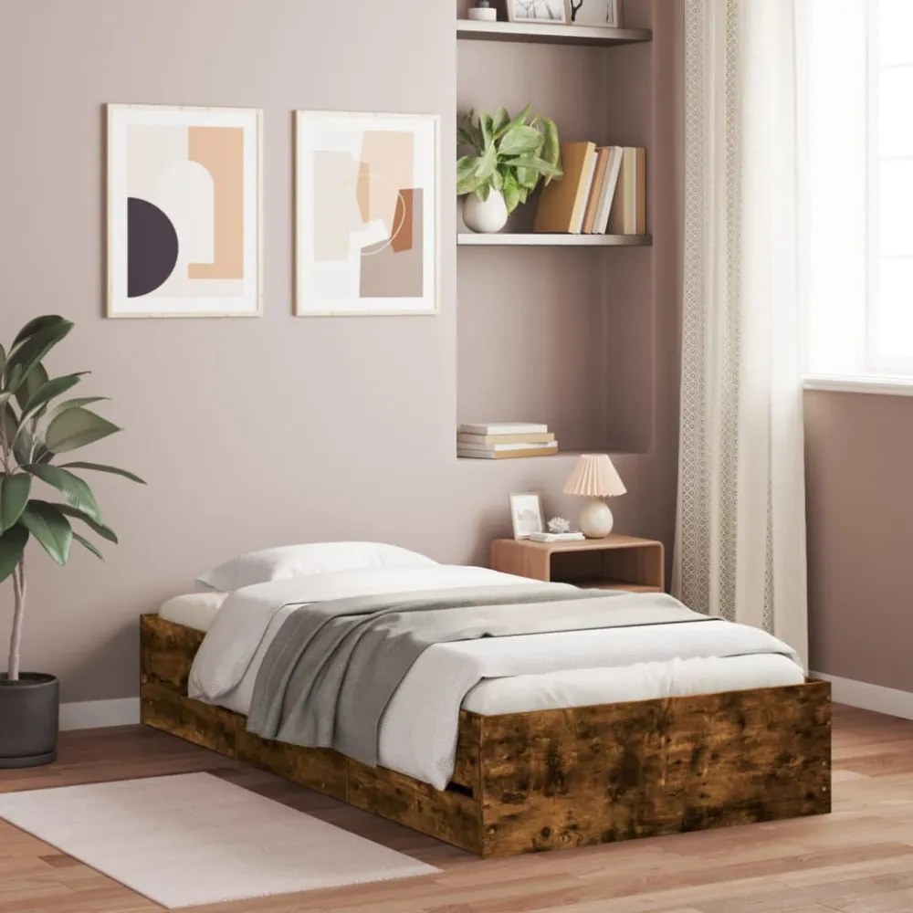 füstös tölgy színű szerelt fa ágykeret fiókokkal 90 x 200 cm