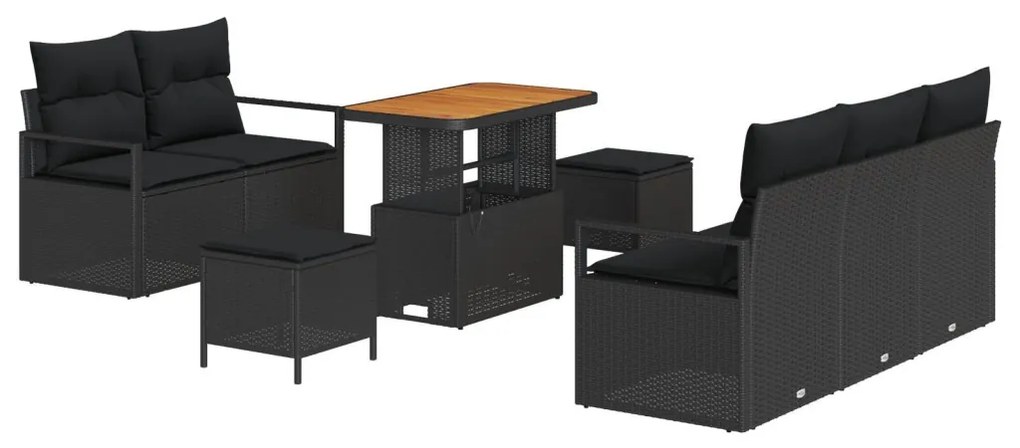 8 darabos Kerti Sofaszett Párnákkal Fekete Poly Rattan Akác, 2-személyes Kerti Kanapé Párnákkal Fekete Poly Rattan, 3 darabos Kerti Étkezőszett Párnákkal Fekete Poly Rattan Akác