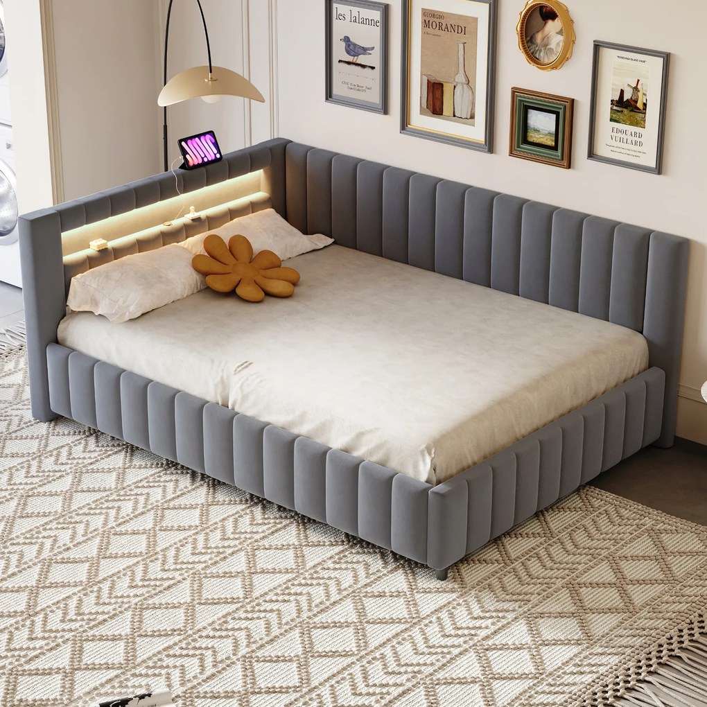 Kárpitozott ágy Kanapé alvás funkcióval Led Usb 140x200cm szürke
