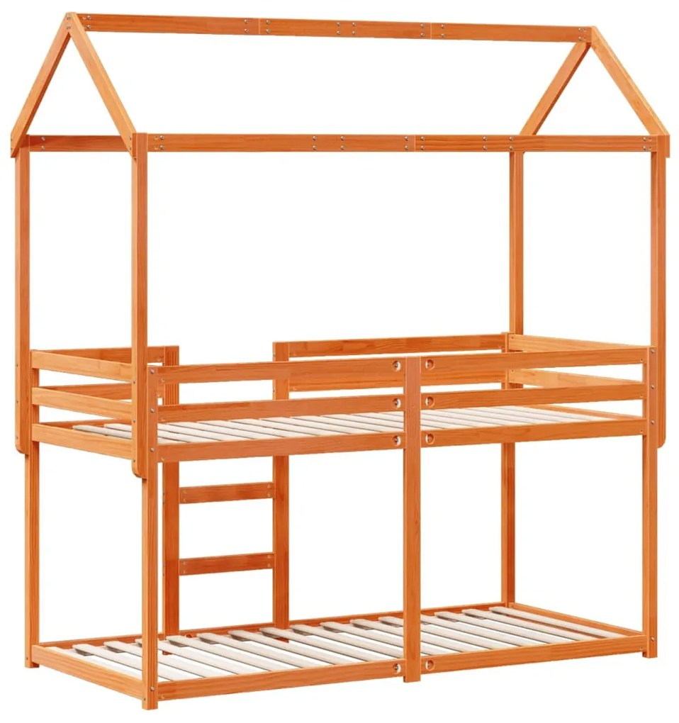 viaszbarna tömör fenyőfa ágy emelettel és tetővel 75 x 190 cm