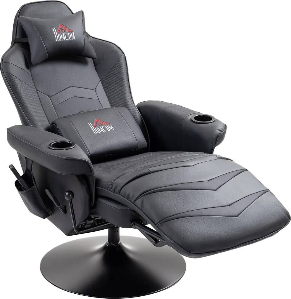 HOMCOM Prémium Gamer Szék, masszázs funkció, dönthető háttámla, lábtartó, acél keret, műbőr, fekete