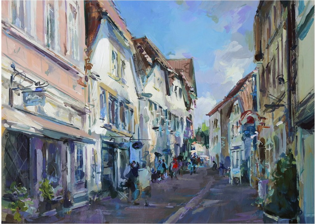 Kép - régi város sikátora, akril festmény (üvegen) (70x50 cm)