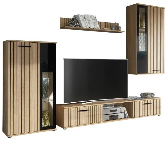 WOWA nappali összeállítás, 255x180x30, hickory jackson/fekete fényes