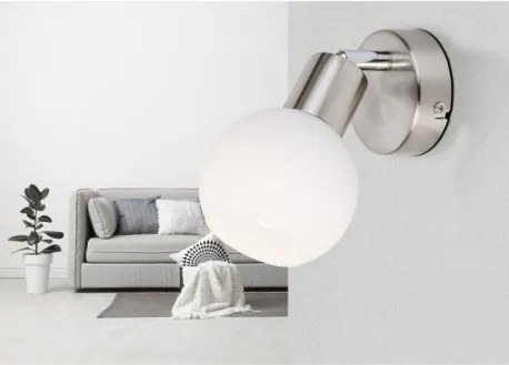 Globo 871601016X Fali spotlámpa fém nikkel matt, üveg fehér matt, mozgatható, forgatható, HxSzxM: 100x120x120mm, 1x E14 LED 5W 230V izzóval, 430lm kimenet, 3000K