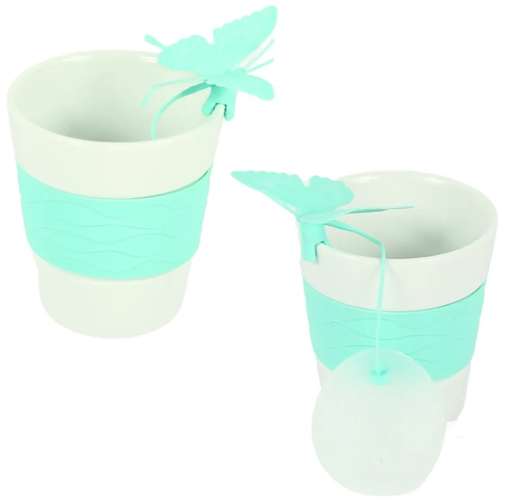 Porcelán bögre SILICONE BUTTERFLY teaszűrővel 280 ml, zöld