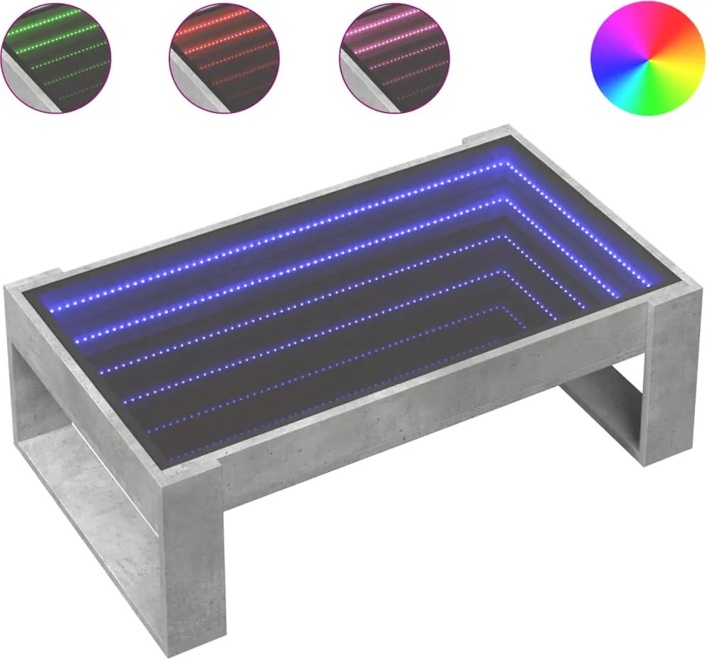 vidaXL betonszürke végtelen hatású LED-es dohányzóasztal 90x53x30 cm