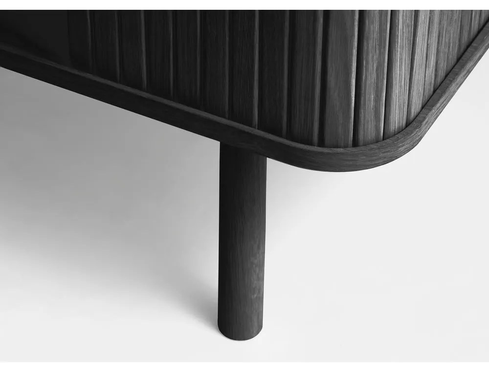 Fekete alacsony komód tolóajtóval, tölgyfa dekorral 76x160 cm Cavo – Unique Furniture