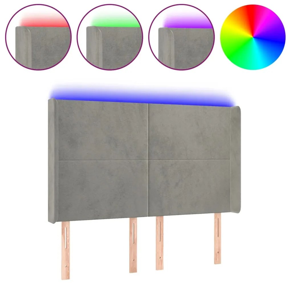 világosszürke bársony LED-es fejtámla 147x16x118/128 cm