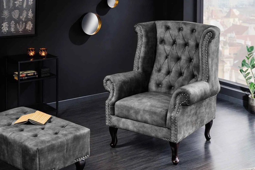Design puff Chesterfield szürke bársony
