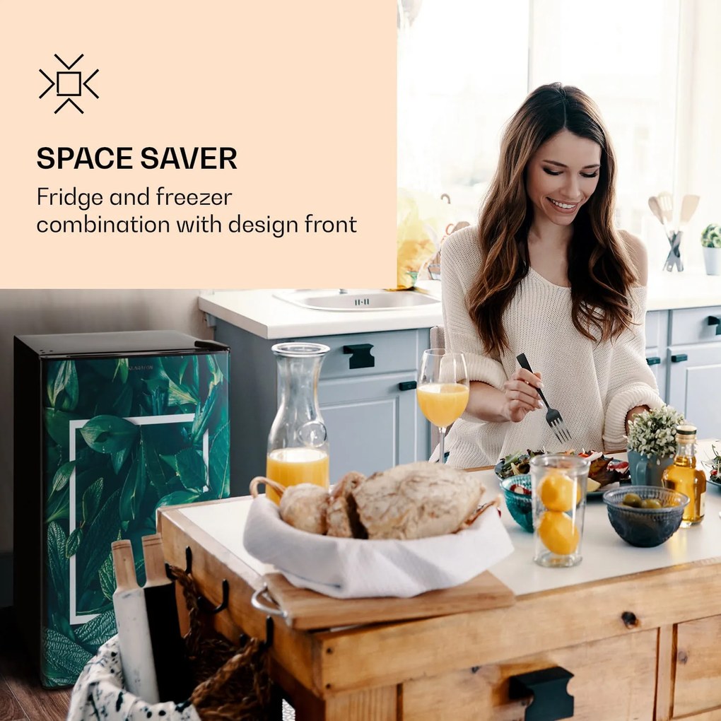 Klarstein CoolArt, 79L, kombinált hűtőszekrény, E energiahatékonysági osztály, 9 liter fagyasztó, formatervezett ajtó