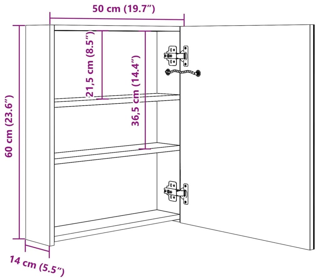 fényes szürke LED-es tükrös fürdőszobaszekrény 50 x 14 x 60 cm
