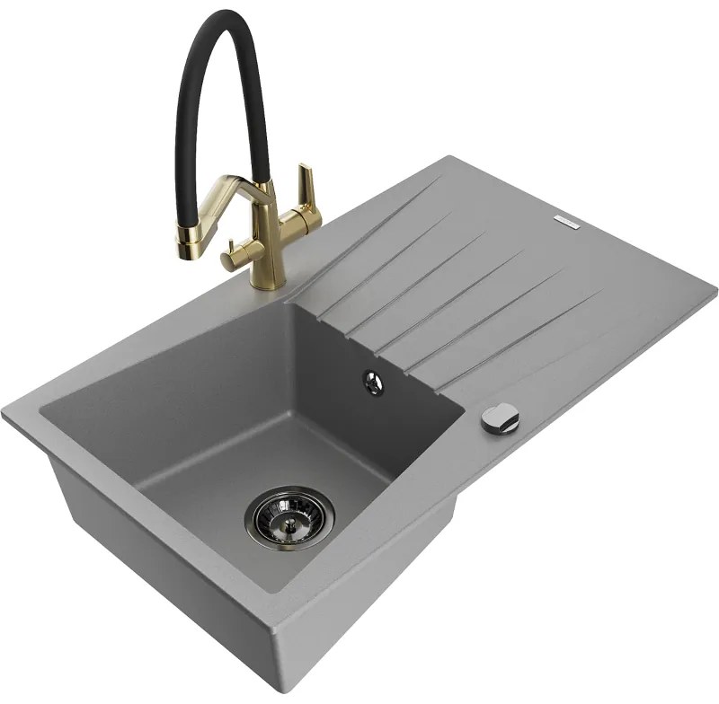 Mexen Cesar egykamrás gránit mosogató csöpögtetővel és Duo konyhai csapteleppel, szürke - 6514-71-671701-57-B