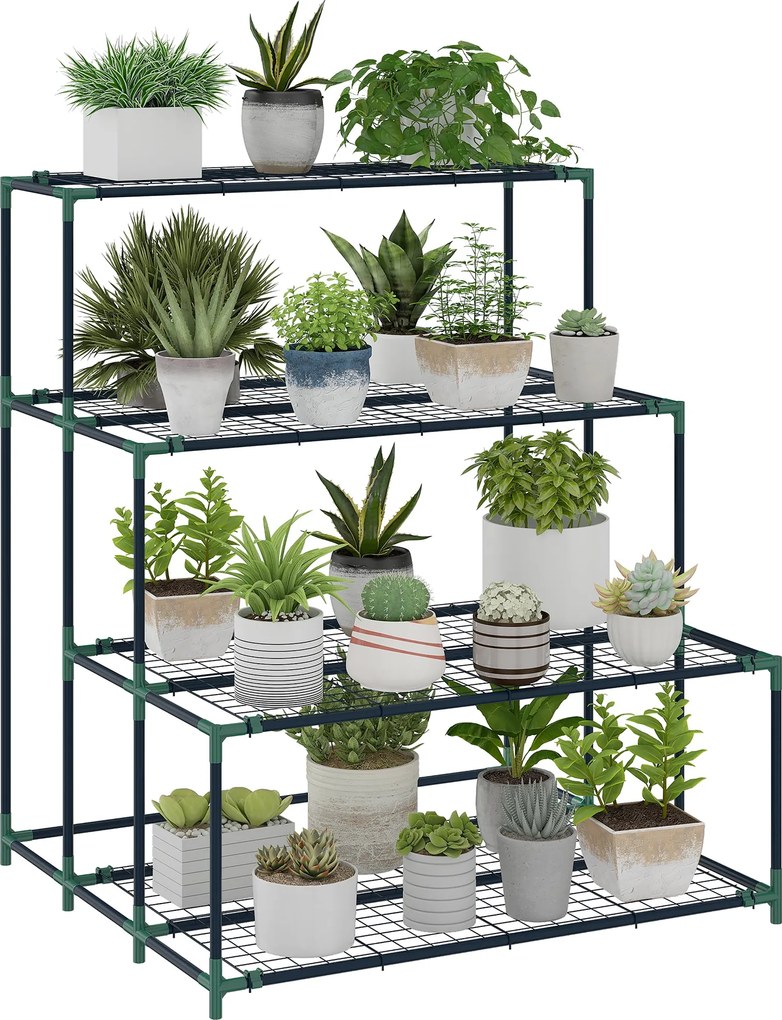 Outsunny 4 szintes növénytartó, 110 cm magas virágtartó 24 csipesszel, acél több szintes állvány kertre és erkélyre, sötétzöld | Aosom