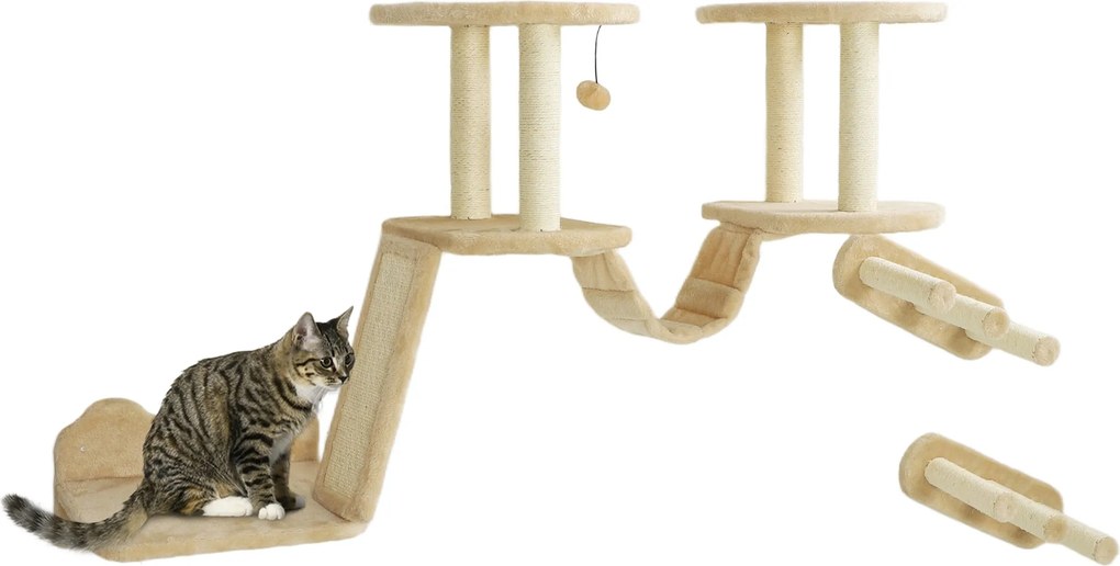 PawHut Macska Falmászó Szett, 3 Részes Macska Bútor Kaparóoszloppal, Párkányokkal, Lépcsővel, Létra, Kaparó Deszka, 5 kg-ig Terjedő Macskák Számára, S