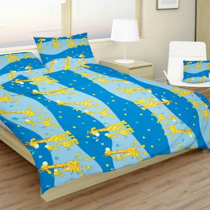 Gyerek pamut lepedők Zsiráf kék TiaHome - 1x Párna 90x70cm, 1x Paplan 140x200cm