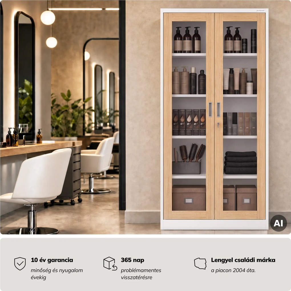 Fém szekrény vitrinnel, fehér, sonoma tölgy, 900x1850x400 mm: AMELIA Eco Design