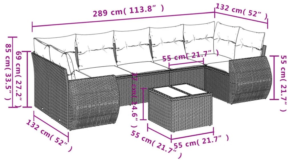 8 részes szürke polyrattan kerti ülőgarnitúra párnákkal