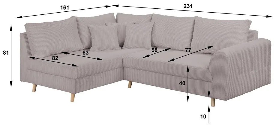 Szürke kordbársony sarokkanapé (bal oldali) Ariella – Ropez