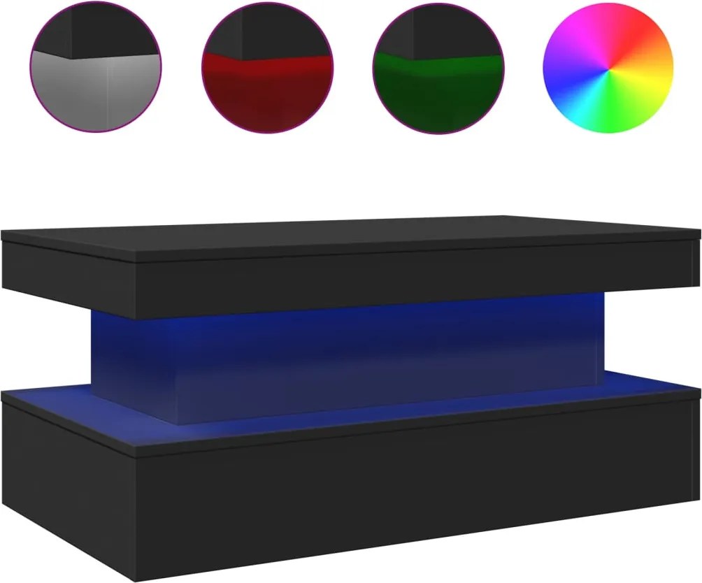 vidaXL fekete dohányzóasztal LED-lámpákkal 90x50x40 cm