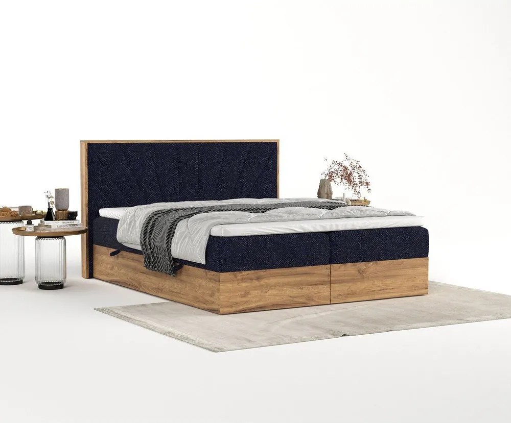 Sötétkék-natúr színű ágyneműtartós boxspring ágy 140x200 cm Asahi – Maison de Rêve