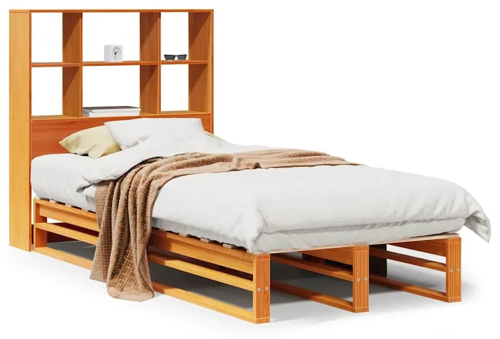 viaszbarna tömör fa könyvespolcos ágy matrac nélkül 90 x 190 cm