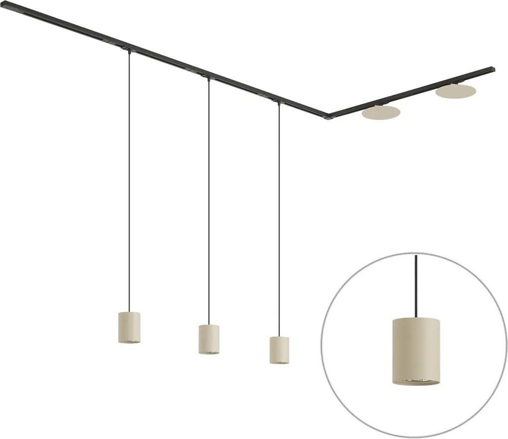 Modern fekete sínrendszer 3 függőlámpával és 2 bézs mennyezeti lámpával, 1 fázisú - Iconic Holt Pulley