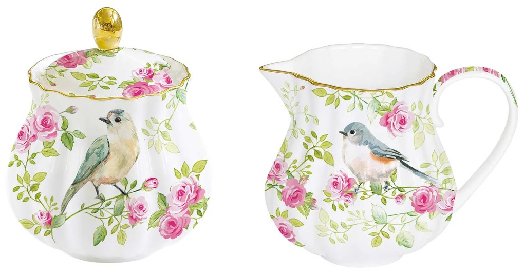 Vintage rózsás porcelán tej- citromkiöntő cukortartó szett