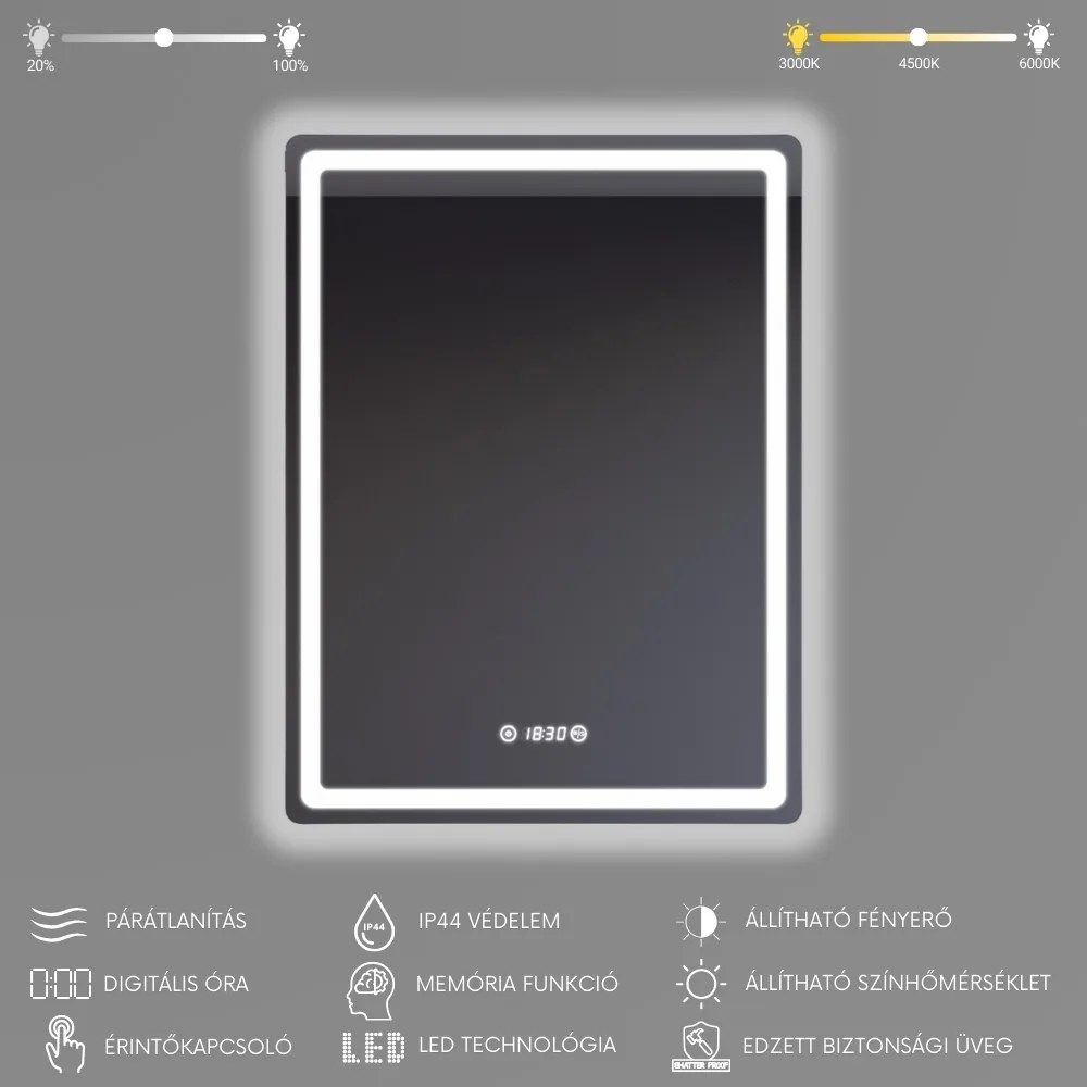 Álló fürdőszobai LED tükör 60x80cm | Páramentesítő - Óra - Fényerő és színhőmérséklet szabályozás | Welland Type20V