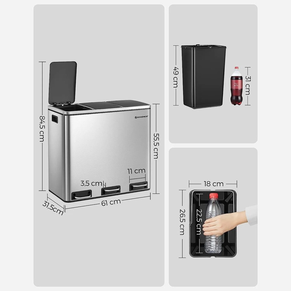 Szelektív szemetes 54 liter, hulladékleválasztó rendszer 3 rekeszes, ezüst