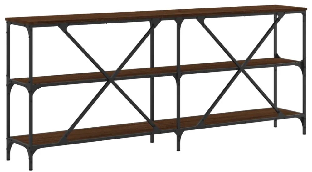 barna tölgyszínű szerelt fa és vas konzolasztal 180x30x75 cm