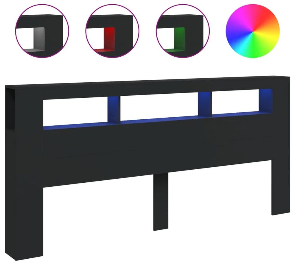 fekete szerelt fa LED-es fejtámla 220x18,5x103,5 cm