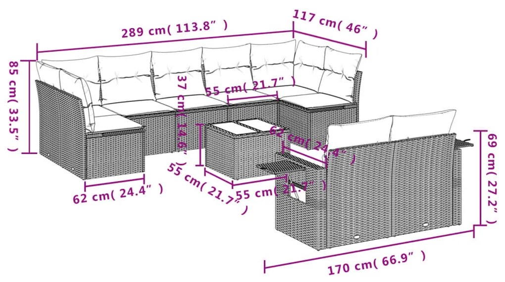 10 részes barna polyrattan kerti ülőgarnitúra párnákkal