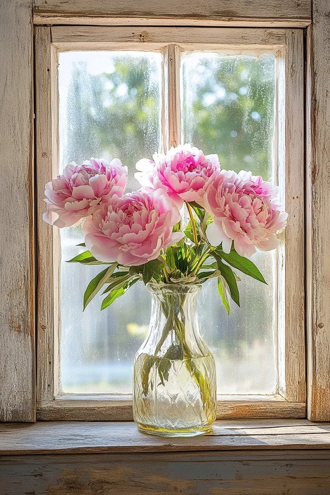 Vászonkép Canvas Ablak Dekoráció Váza Virágok Bazsarózsa Csokor 40x60