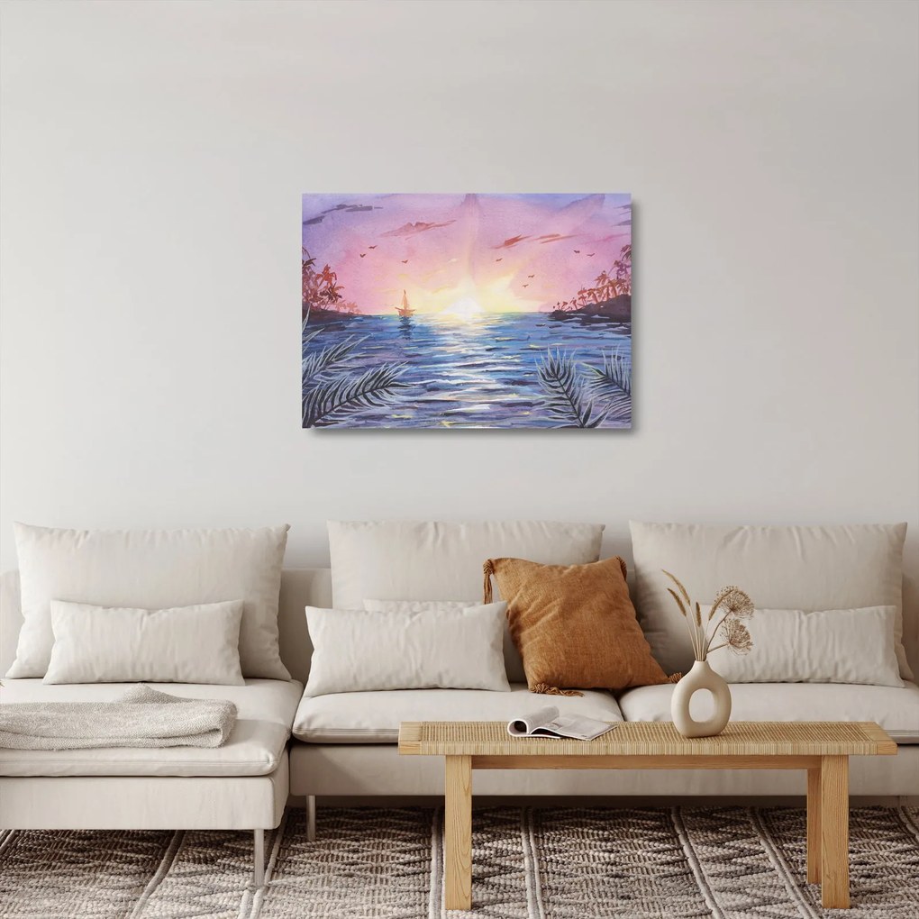 Kép - naplemente a víz felett, akvarell (üvegen) (70x50 cm)